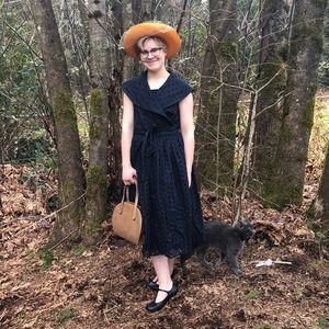 Navy blue polka dotted wrap Liz Claiborne dress